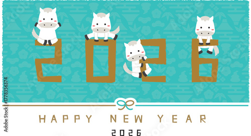 2026年賀状 Happy new year 水引き 横 金の2026と白馬　背景ミントブルー