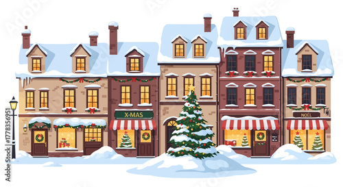 Charming Snowy Village Scene with Festive Christmas Tree and Decorated Shops