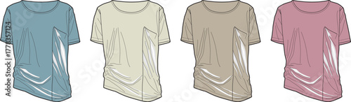 Set of four fashion t-shirts in various pastel colors, showcasing draped details and asymmetrical hemlines, perfect for casual wear