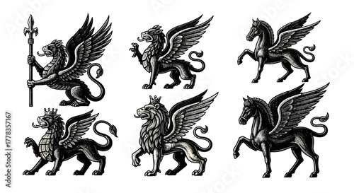 A classic collection of mythological creatures featuring winged lions and pegasi in a detailed heraldic illustration style