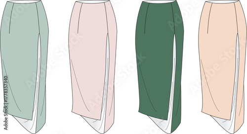 Fashion illustration of four high-waisted asymmetrical midi skirts in different pastel colors with thigh high slits