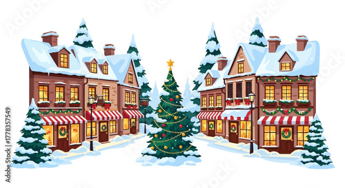 Festive Christmas Village Scene with Decorated Tree in Winter Snowscape