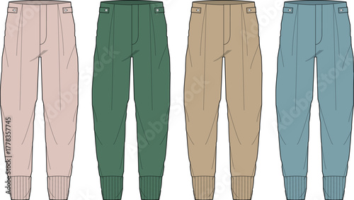 Collection of colorful high-waisted tapered trousers with ribbed cuffs. Fashion flat sketch vector template for apparel design and tech packs