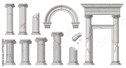 A detailed vector illustration set of ancient architectural ruins, featuring cracked stone pillars, columns, and classic arches