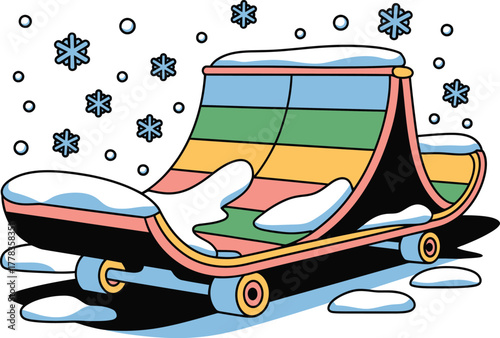 Colorful Sled with Snowflakes Falling