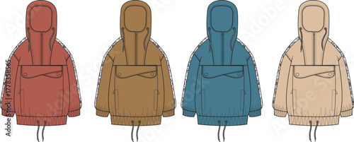 Flat technical sketches of anorak jackets in diverse colorways, meticulously drawn for fashion design, apparel production, and garment development