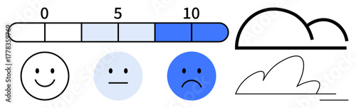 happy face and blue sad face alongside a gradient progress bar 0 to 10, minimal cloud outlines. Ideal for emotion tracking, feedback, survey, mental wellness, evaluation, progress tracking, simple