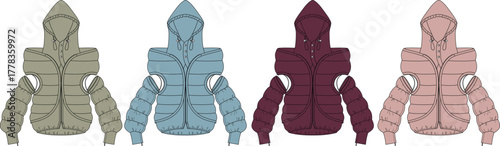 Set of women's hooded puffer jacket technical fashion flat sketches. Collection of winter outerwear designs in various colors for apparel design