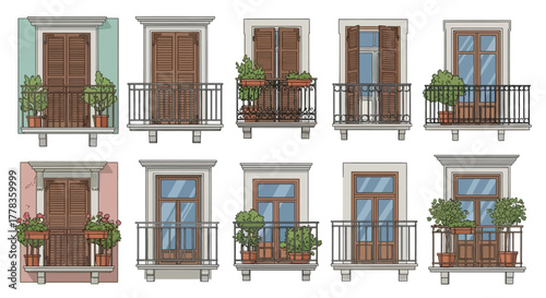 Collection of illustrated balconies featuring a variety of architectural window designs and greenery