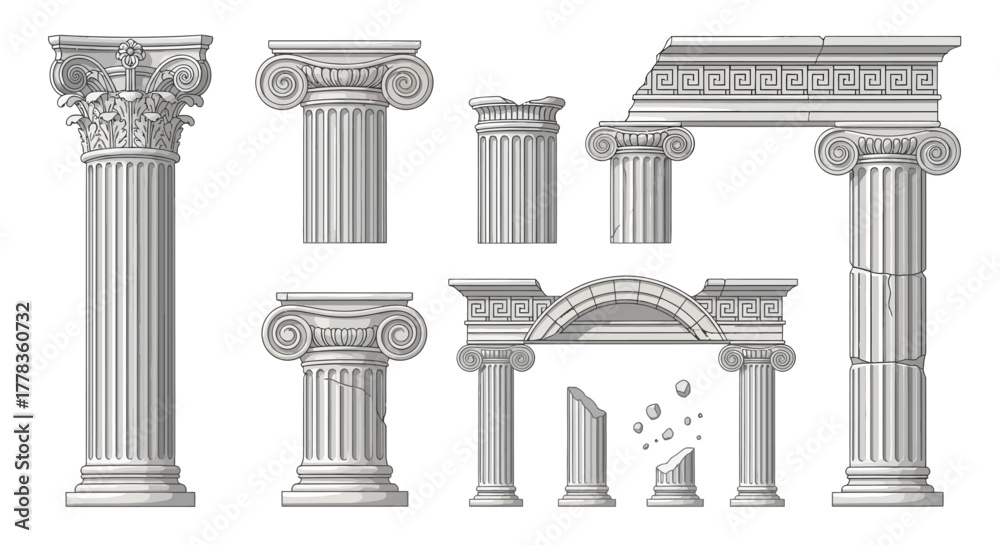 Naklejka premium Ancient architectural elements illustrations set, featuring ionic and Corinthian columns, vector art