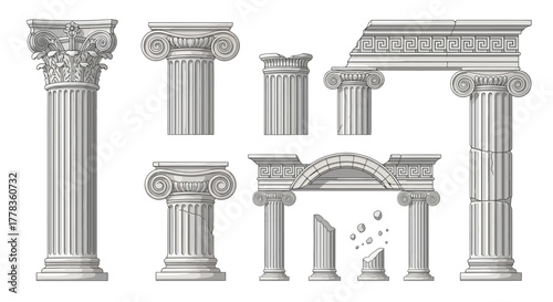 Ancient architectural elements illustrations set, featuring ionic and Corinthian columns, vector art