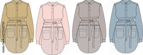 Technical flat sketch illustration of a versatile women's long-sleeve belted shirt dress design concept in multiple color options for fashion design and apparel development