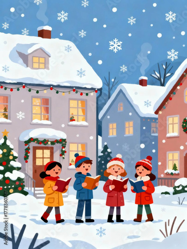 Winter Carolers Singing Christmas Carols In A Snowy Village With Cozy Homes