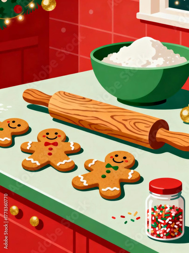 Cozy kitchen scene capturing the joy of Christmas baking with freshly made gingerbread cookies, flour, and festive sprinkles, ready for the holidays