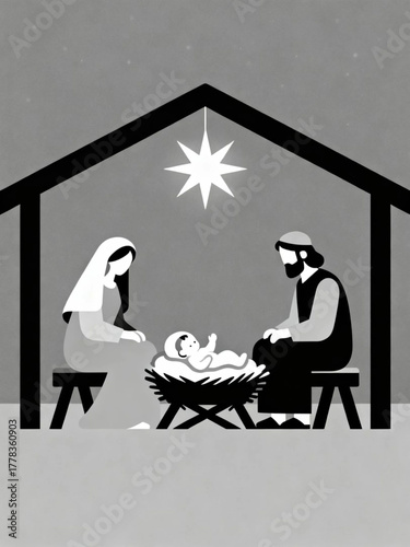 A serene black and white illustration of the nativity scene with baby Jesus in a manger
