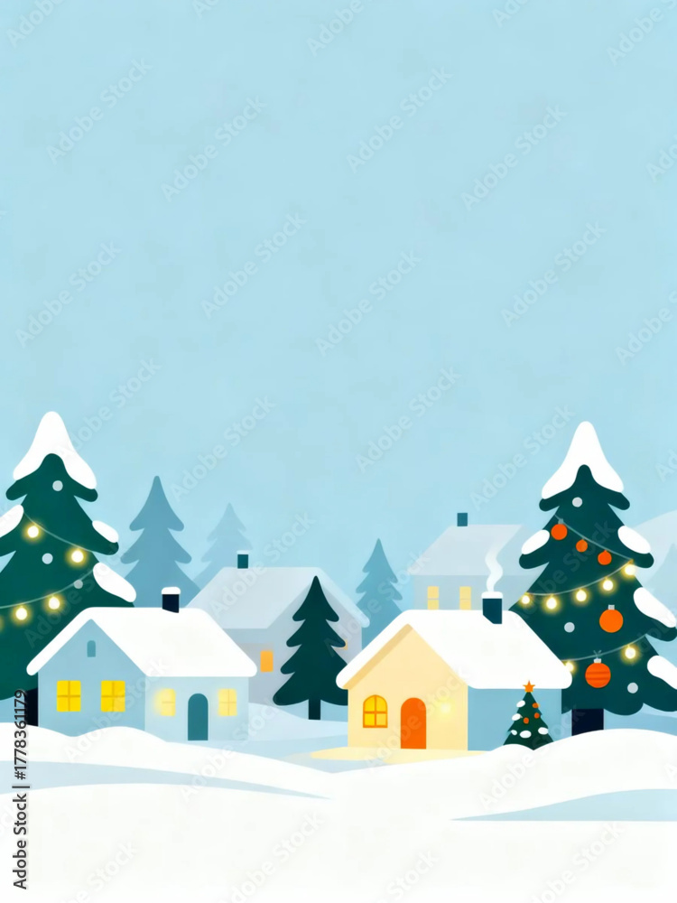 Fototapeta premium Charming Snowy Village Scene with Twinkling Lights and Evergreen Trees