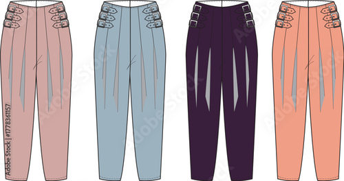A technical fashion illustration set of women's high-waisted trousers with decorative side buckle straps, presented in four different colorways as a flat sketch vector
