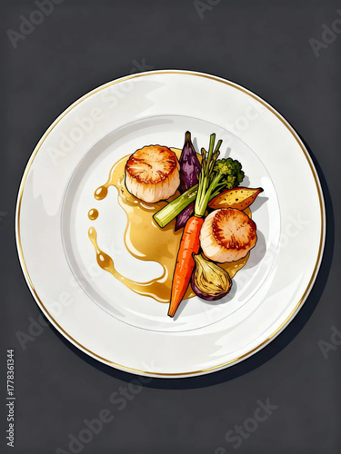 Elegant culinary illustration of seared scallops and vibrant roasted vegetables with a delectable sauce on a white ceramic plate