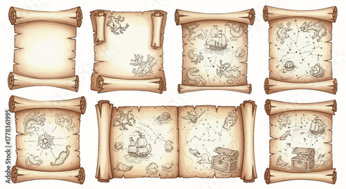 Collection of aged parchment scrolls showcasing intricate treasure maps, detailed with ships, islands, and ancient symbols, ideal for historical adventure designs