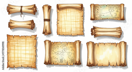 collection of old parchment scrolls and maps, vintage documents for fantasy and adventure