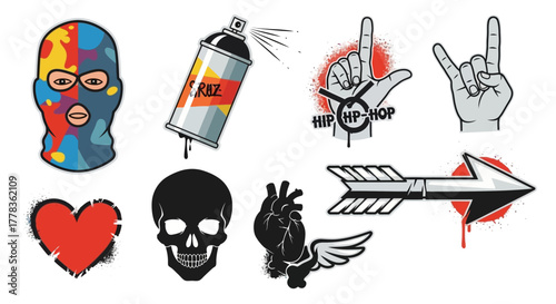 Vibrant vector set of urban street art elements and hip-hop culture symbols for modern graphic design projects and creative expressions