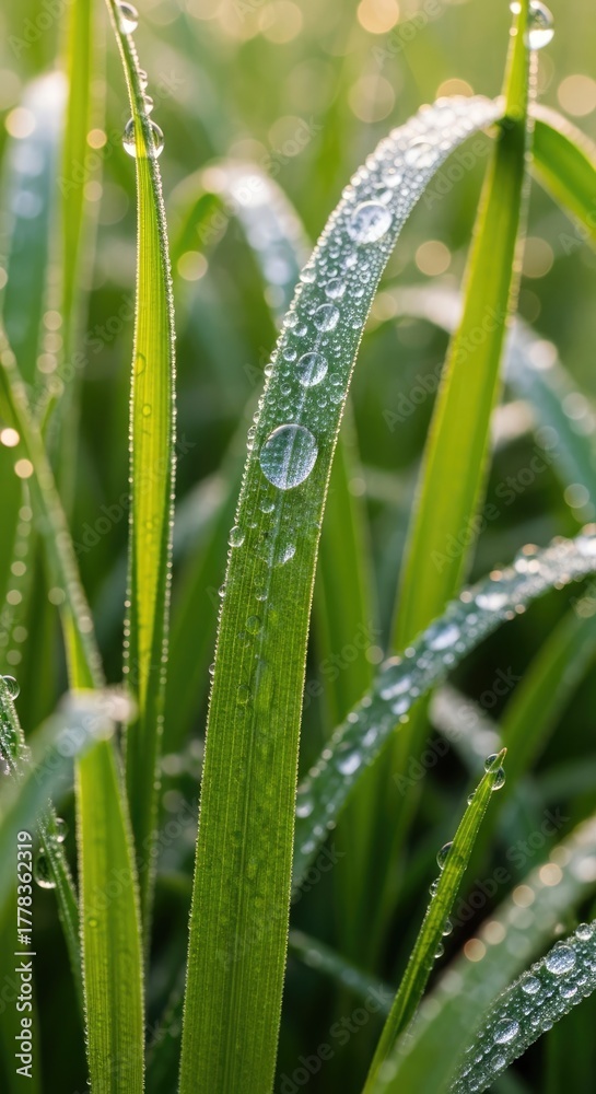 Obraz premium Close up of green grass with water drops creating a natural background
