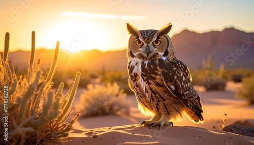 Fototapeta Naklejka Na Ścianę i Meble -  A majestic owl perched on a sandy dune, illuminated by the golden rays of a sunset. A desert landscape