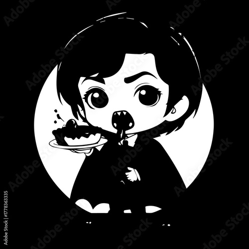 Cute Chibi Vampire Character Greedily Eating Cherry Pie with Fangs and Dripping Tongue