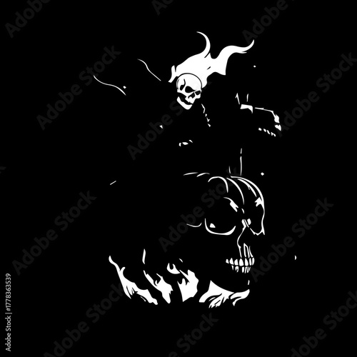 Eerie Halloween Skull with Fiery Pumpkin and Ghostly Figure