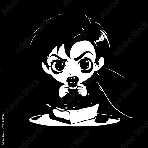 Hungry chibi vampire with sharp fangs and cape, intensely eating from a bowl, black and white vector.