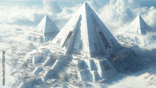 Majestic futuristic pyramids amidst snowy landscape