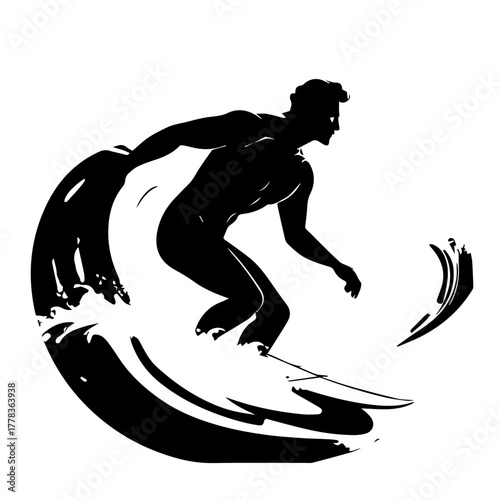 Silhouette of a surfer riding a dynamic wave with spray