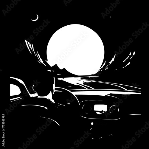 Silhouette of a person driving a car at night under a large moon
