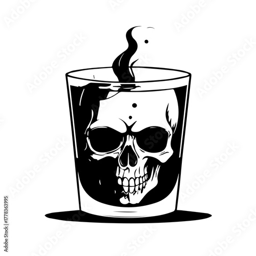 Skull within a glass of dark liquid with rising smoke