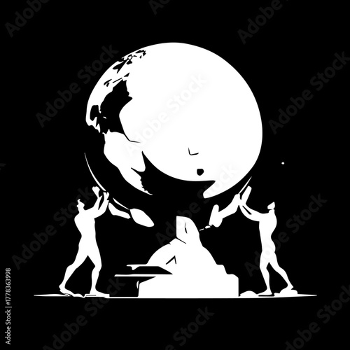 Silhouetted Figures Bearing the Weight of the World Globe