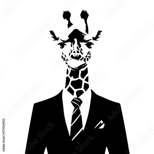 Stylized Black and White Giraffe Head Wearing a Suit and Tie