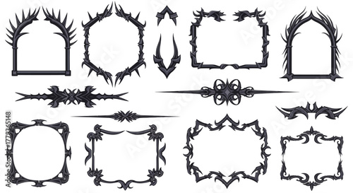 Ornate collection of dark gothic frames, spiky borders, and fantasy filigree dividers for decorative design