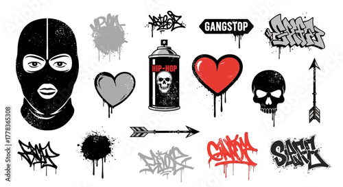 Diverse Collection of Urban Graffiti Vector Elements for Street Art Designs Including Skulls, Masks, Spray Cans, and Typographic Tags