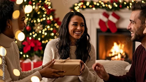 Happy diverse young adult friends exchanging a Christmas gift and laughing together in a festive living room with a decorated tree and fireplace