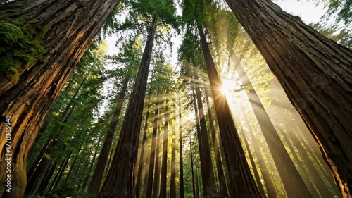 Sunlight streams through giant redwood trees in the forest