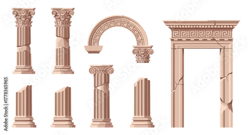 Collection of ancient architectural elements with Roman and Greek columns, an arch, and a doorway. Vector set of antique ruins