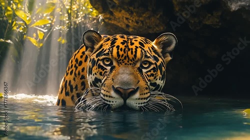 Majestic jaguar emerging from water in lush jungle