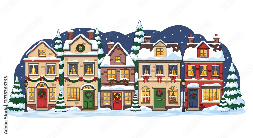 Naklejka premium Charming Snowy Village Scene with Festive Christmas Decorations and Evergreen Trees