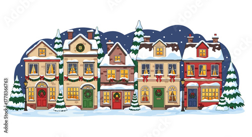 Charming Snowy Village Scene with Festive Christmas Decorations and Evergreen Trees