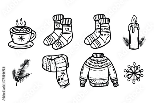 Cozy winter elements hand drawn sketch collection featuring hot drink socks scarf sweater candle and snowflake