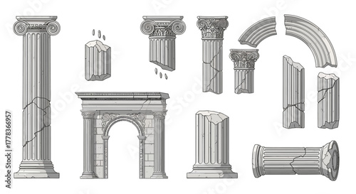 Fragmented architectural elements of classical antiquity columns and arches