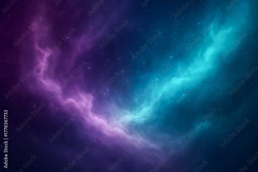 Fototapeta premium Abstract galactic clouds with sparkling stardust, smooth transitions from deep purple to cyan.