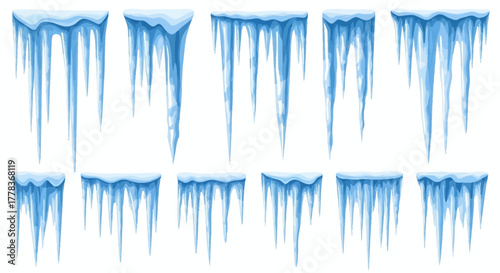 Collection of cartoon icicles, a set of frozen water formations. Perfect for winter-themed designs, chilly decorations, and seasonal frost elements