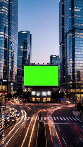 Future of Outdoor Media with modern billboard a green screen for advertising on busy crossroad street traffic and skyscrapers timelapse at sunset loop video distortion, overlay, glitch, static noise