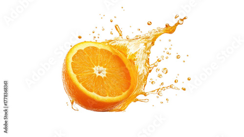 Orange slice splashing juice in bright colors, AI, PNG